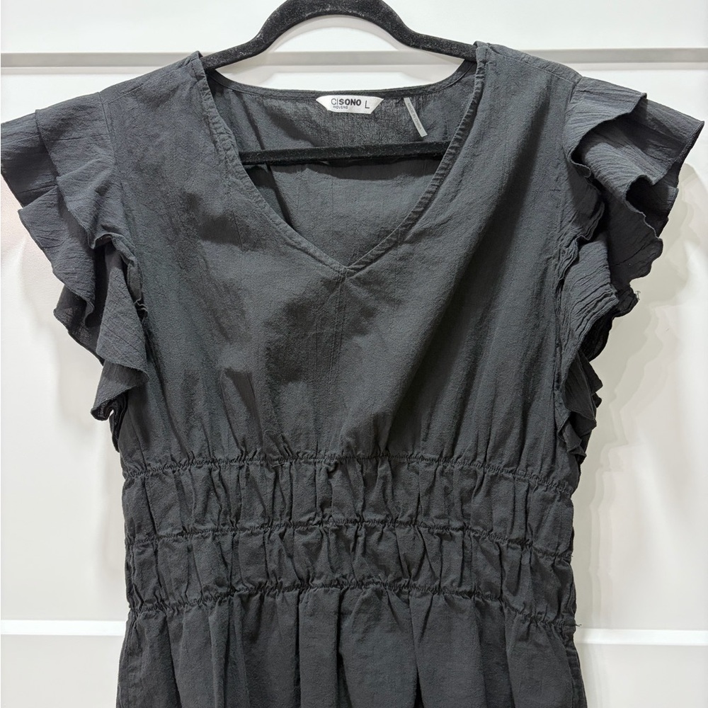 CISONO Black Ruffle Sleeve V-Neck Woven Lightweight Sleek Cotton Blouse. Size L